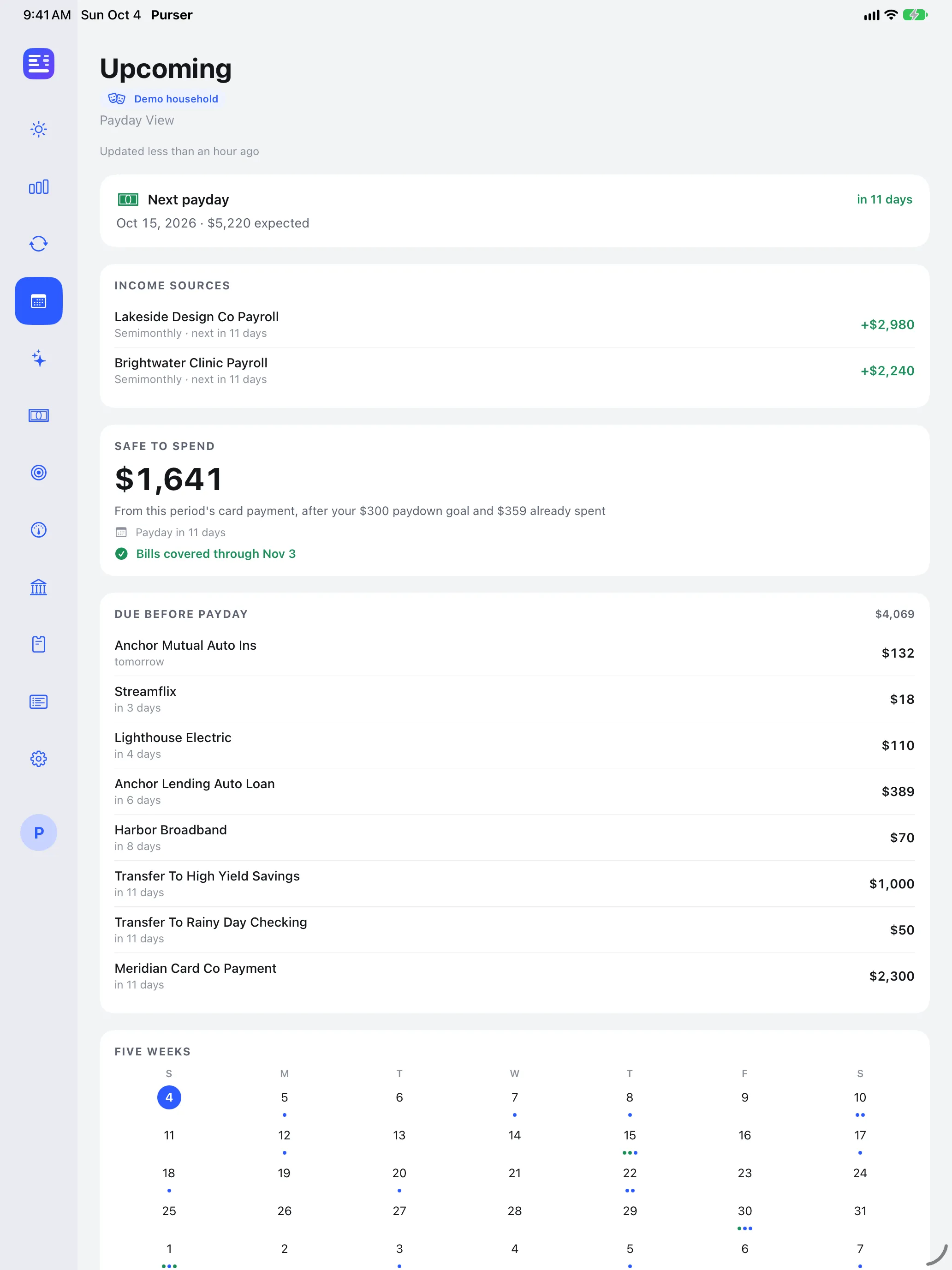 Purser Upcoming screen on iPad, demo data