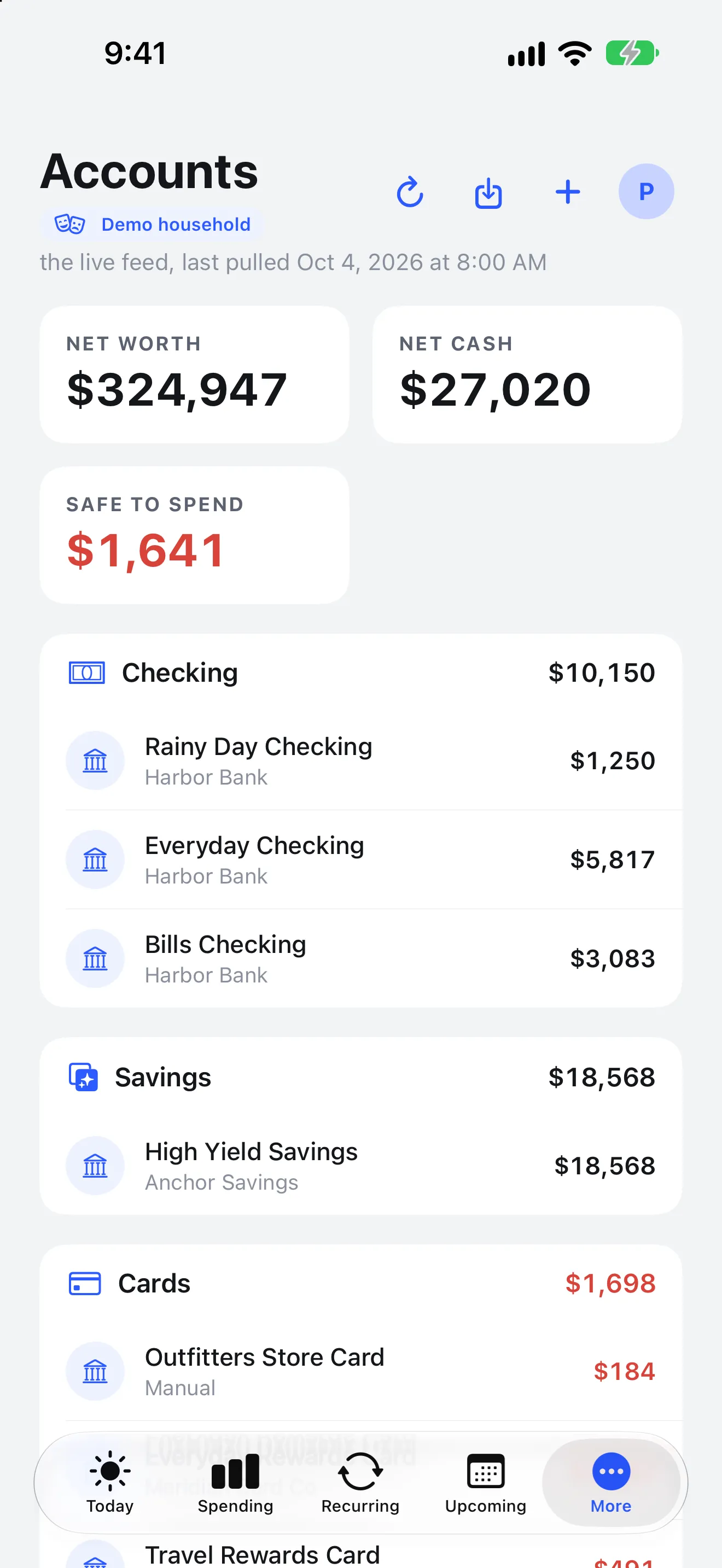 Purser Accounts screen on iPhone, demo data: every account in one list